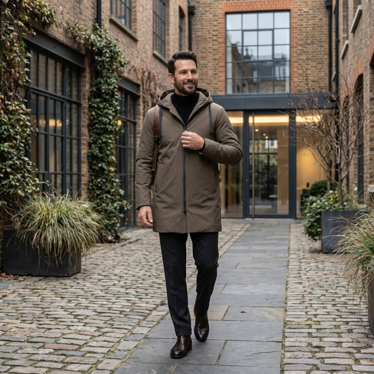 Veste à capuche pour homme avec fermeture zippée intégrale sur le devant et coupe longue