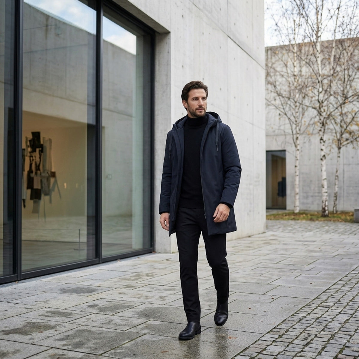 Veste à capuche pour homme avec fermeture zippée intégrale sur le devant et coupe longue