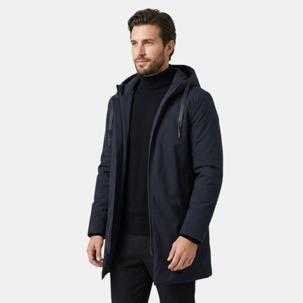 Veste à capuche pour homme avec fermeture zippée intégrale sur le devant et coupe longue