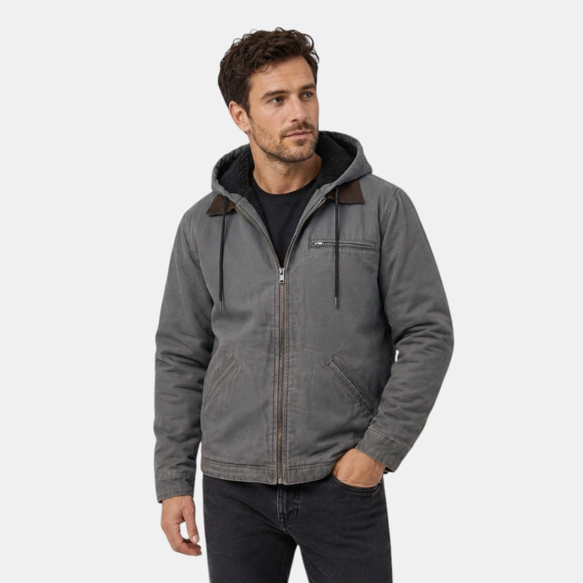 Veste à capuche pour homme avec fermeture éclair sur le devant et poche poitrine
