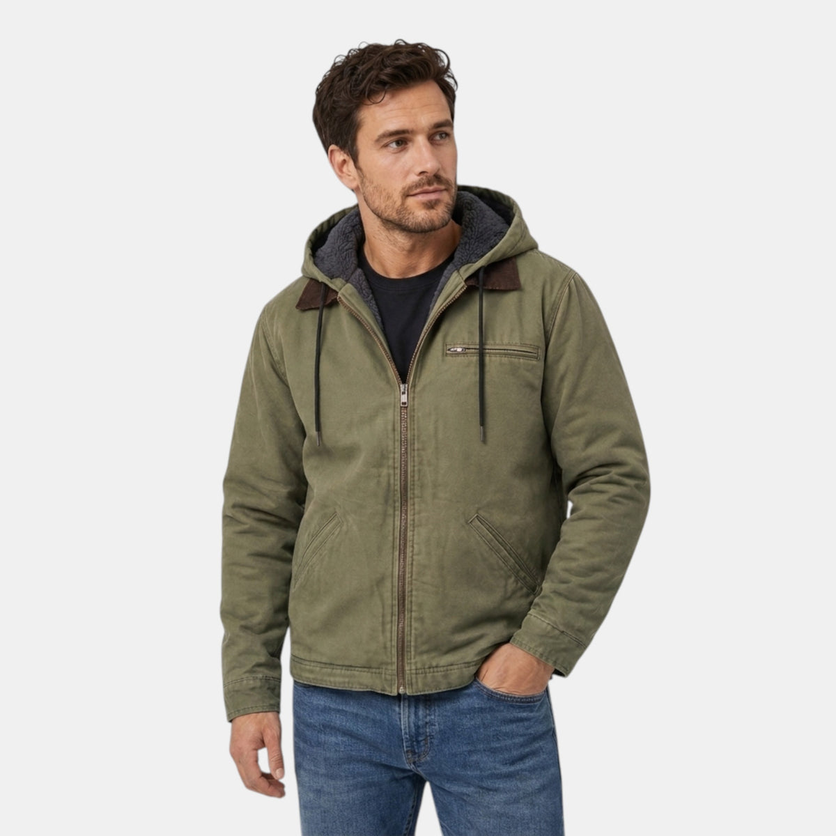 Veste à capuche pour homme avec fermeture éclair sur le devant et poche poitrine