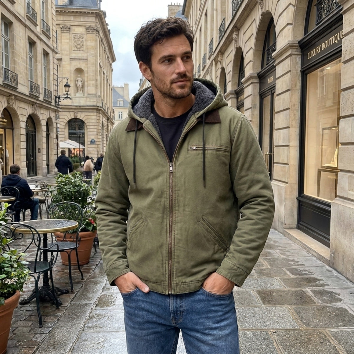 Veste à capuche pour homme avec fermeture éclair sur le devant et poche poitrine