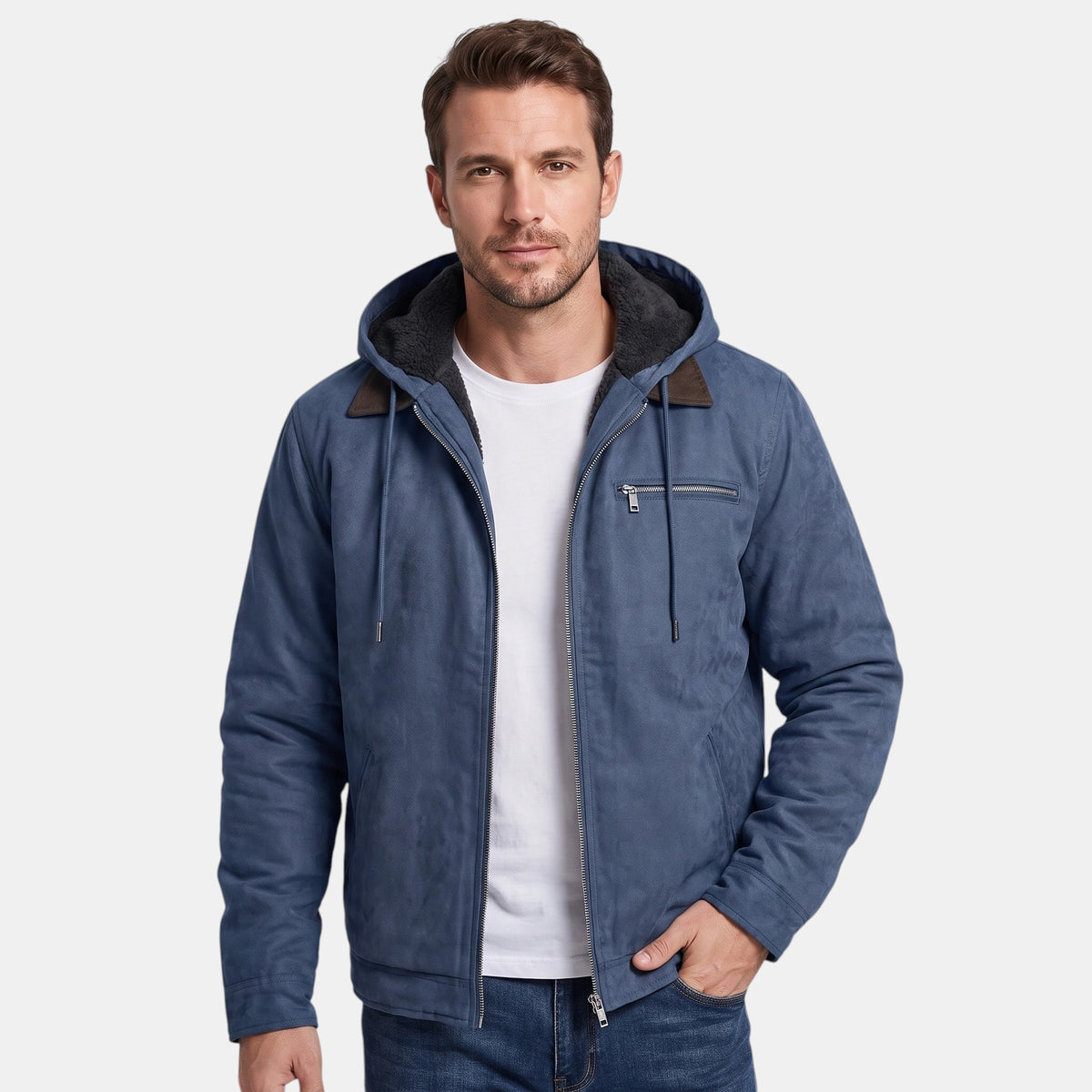 Veste à capuche pour homme avec fermeture éclair sur le devant et poche poitrine