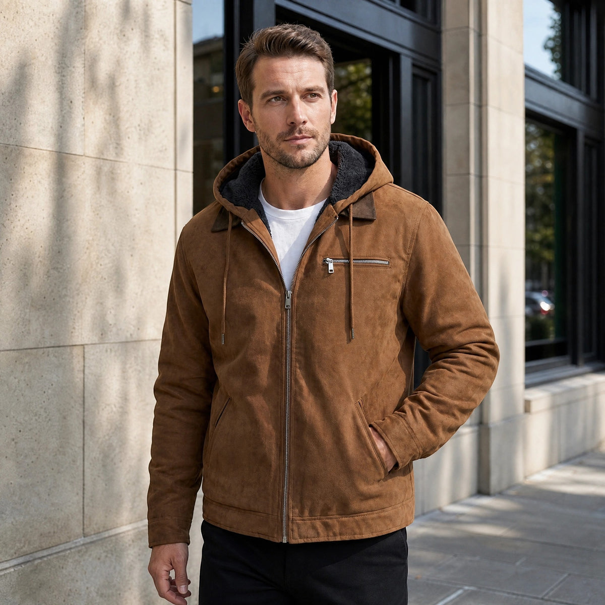 Veste à capuche pour homme avec fermeture éclair sur le devant et poche poitrine