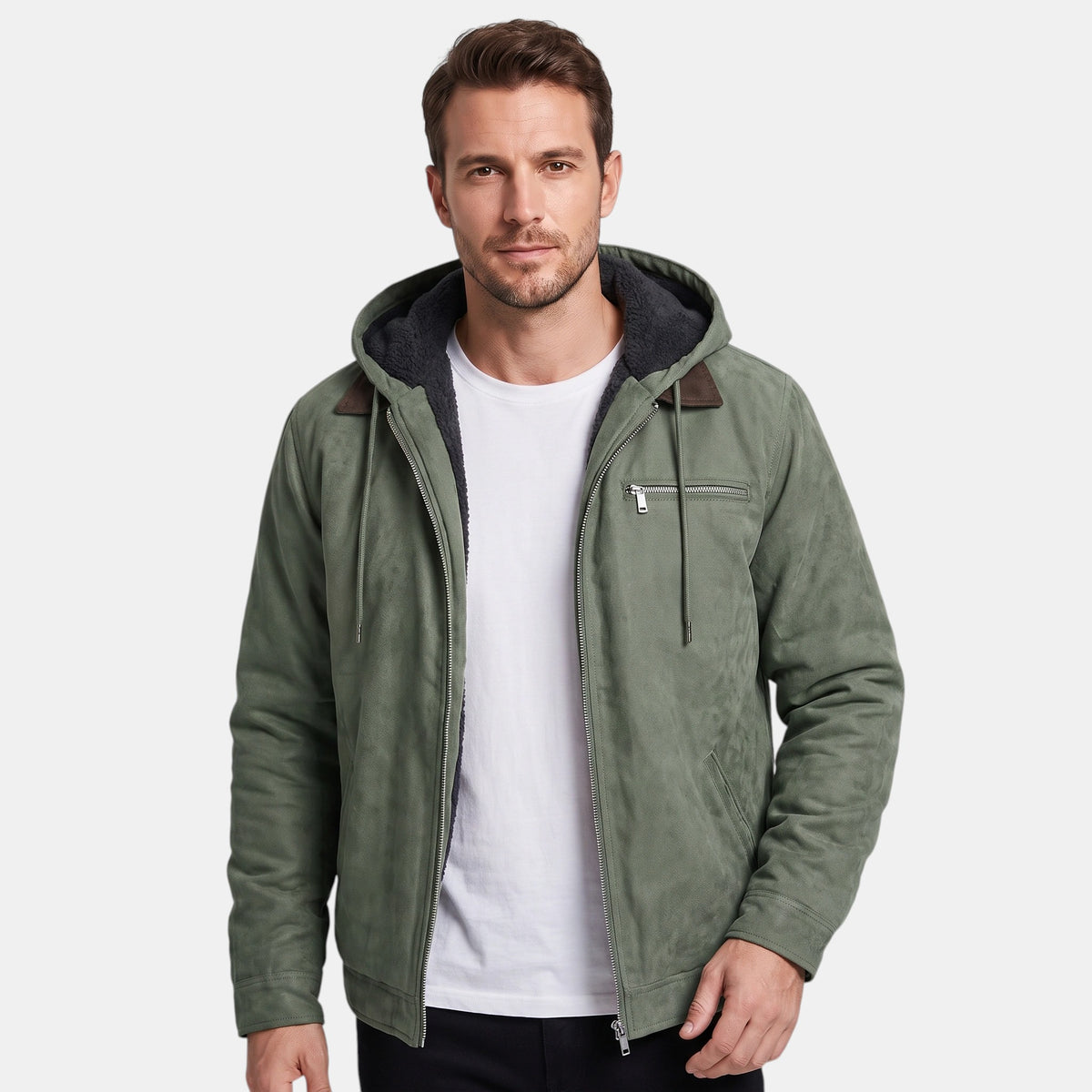 Veste à capuche pour homme avec fermeture éclair sur le devant et poche poitrine