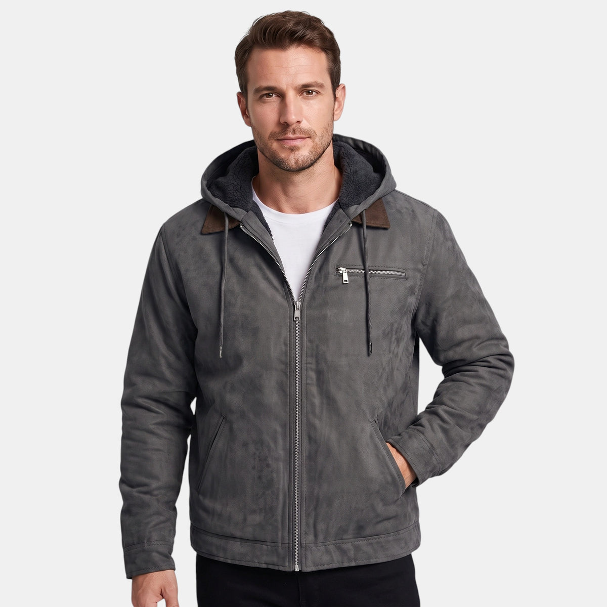 Veste à capuche pour homme avec fermeture éclair sur le devant et poche poitrine