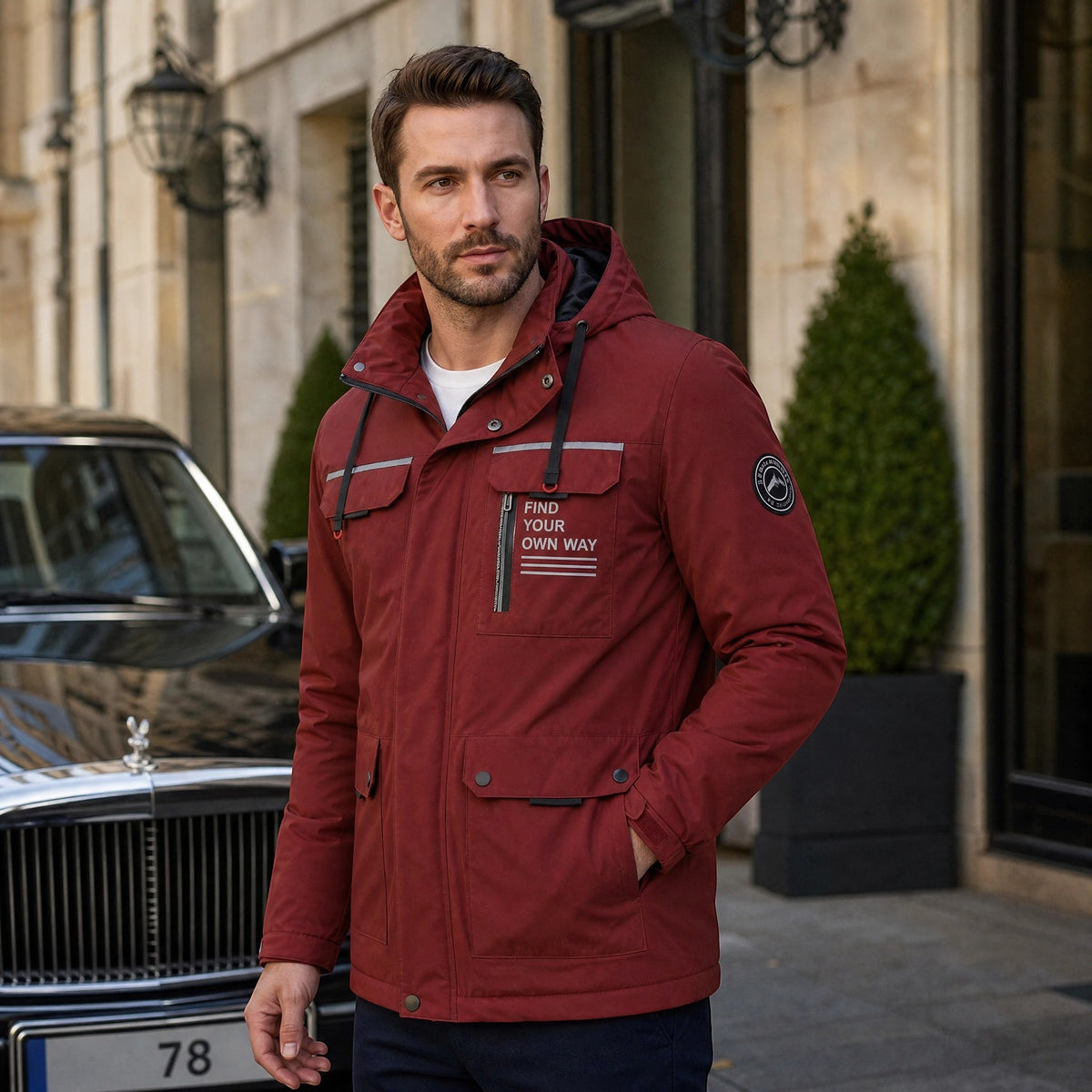 Veste à capuche pour homme avec fermeture éclair sur le devant et plusieurs poches