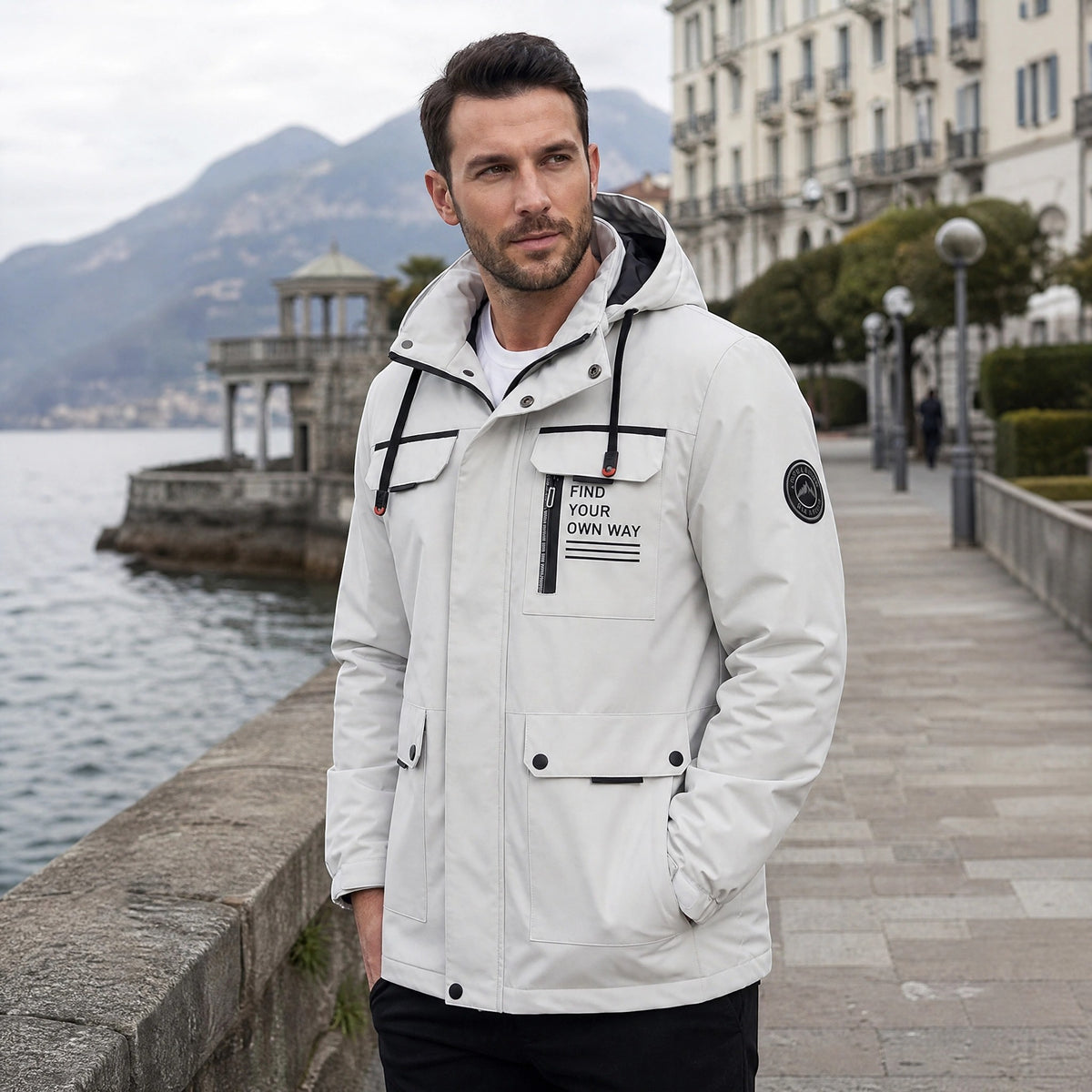 Veste à capuche pour homme avec fermeture éclair sur le devant et plusieurs poches
