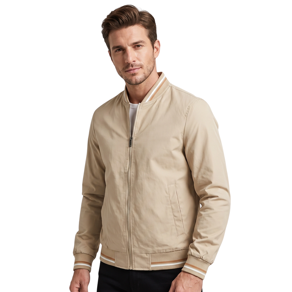 Blouson aviateur léger pour homme avec fermeture éclair sur le devant et bordures côtelées