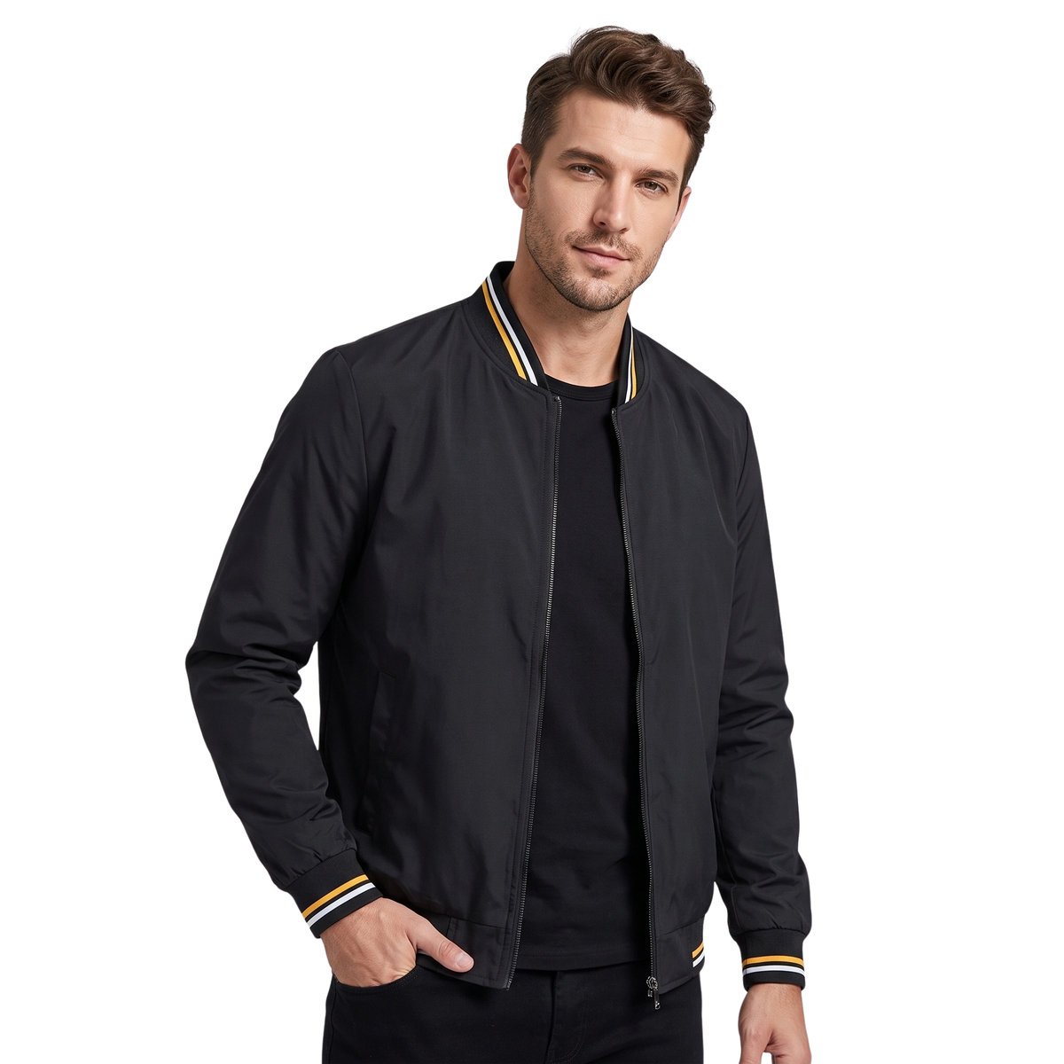 Blouson aviateur léger pour homme avec fermeture éclair sur le devant et bordures côtelées