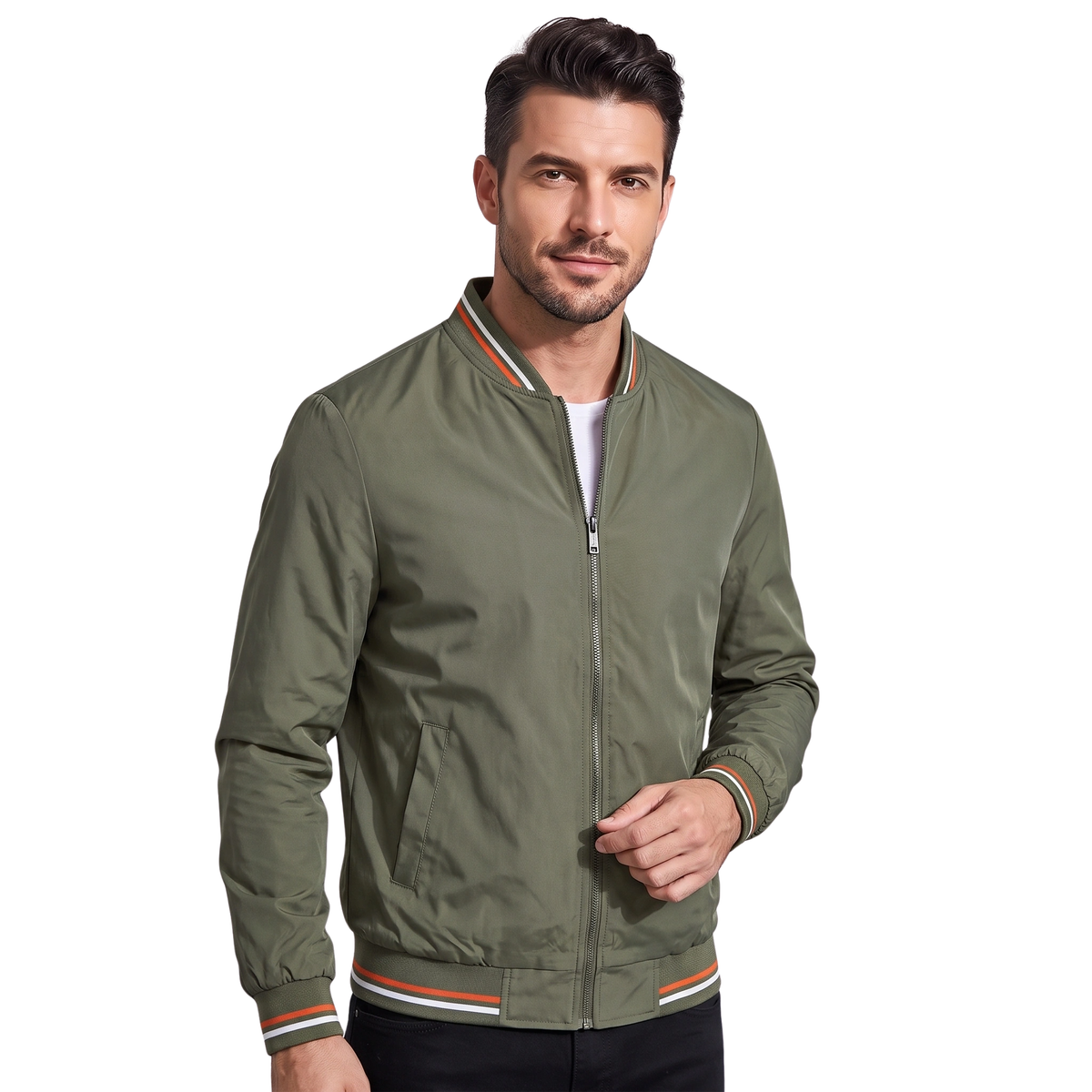 Blouson aviateur léger pour homme avec fermeture éclair sur le devant et bordures côtelées