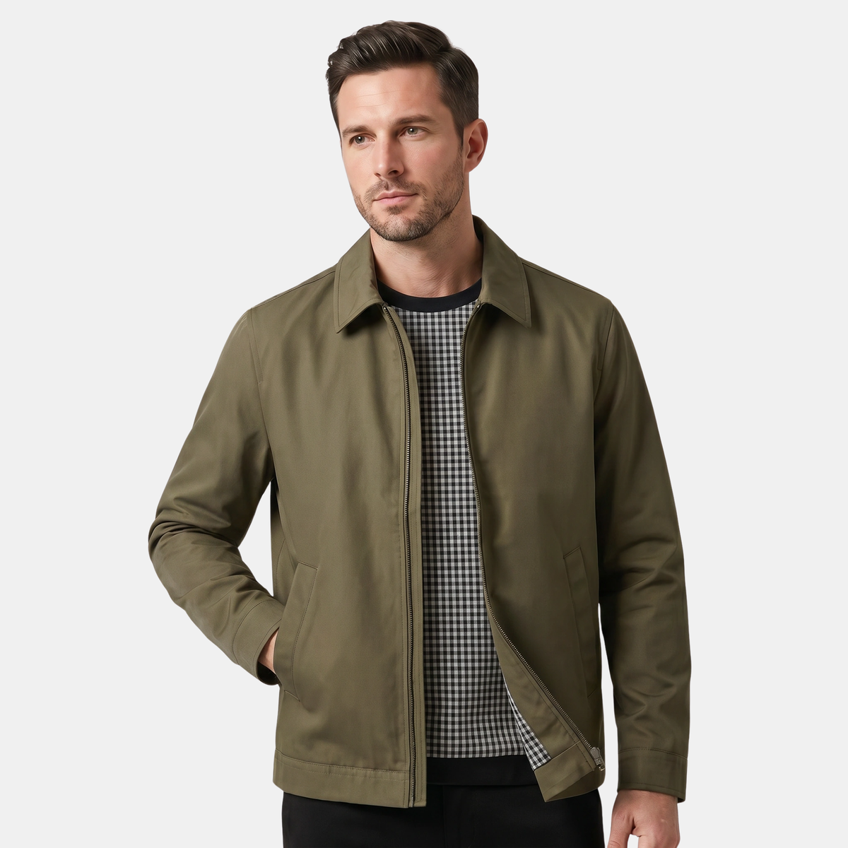 Veste homme doublée à fermeture éclair sur le devant, avec col montant et poches passepoilées