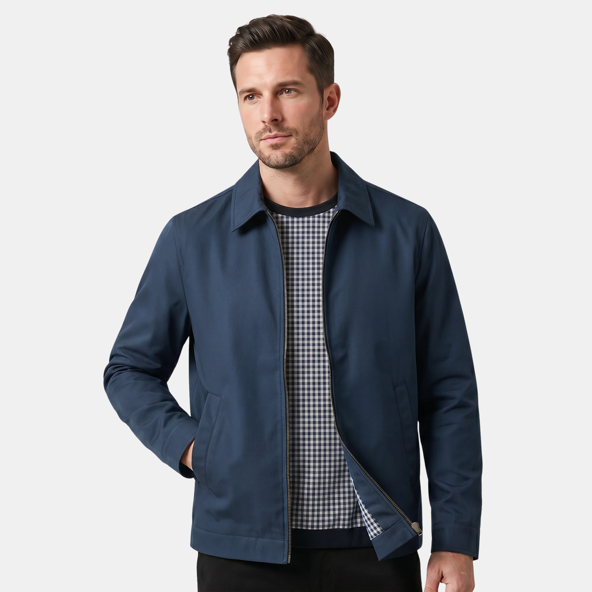 Veste homme doublée à fermeture éclair sur le devant, avec col montant et poches passepoilées