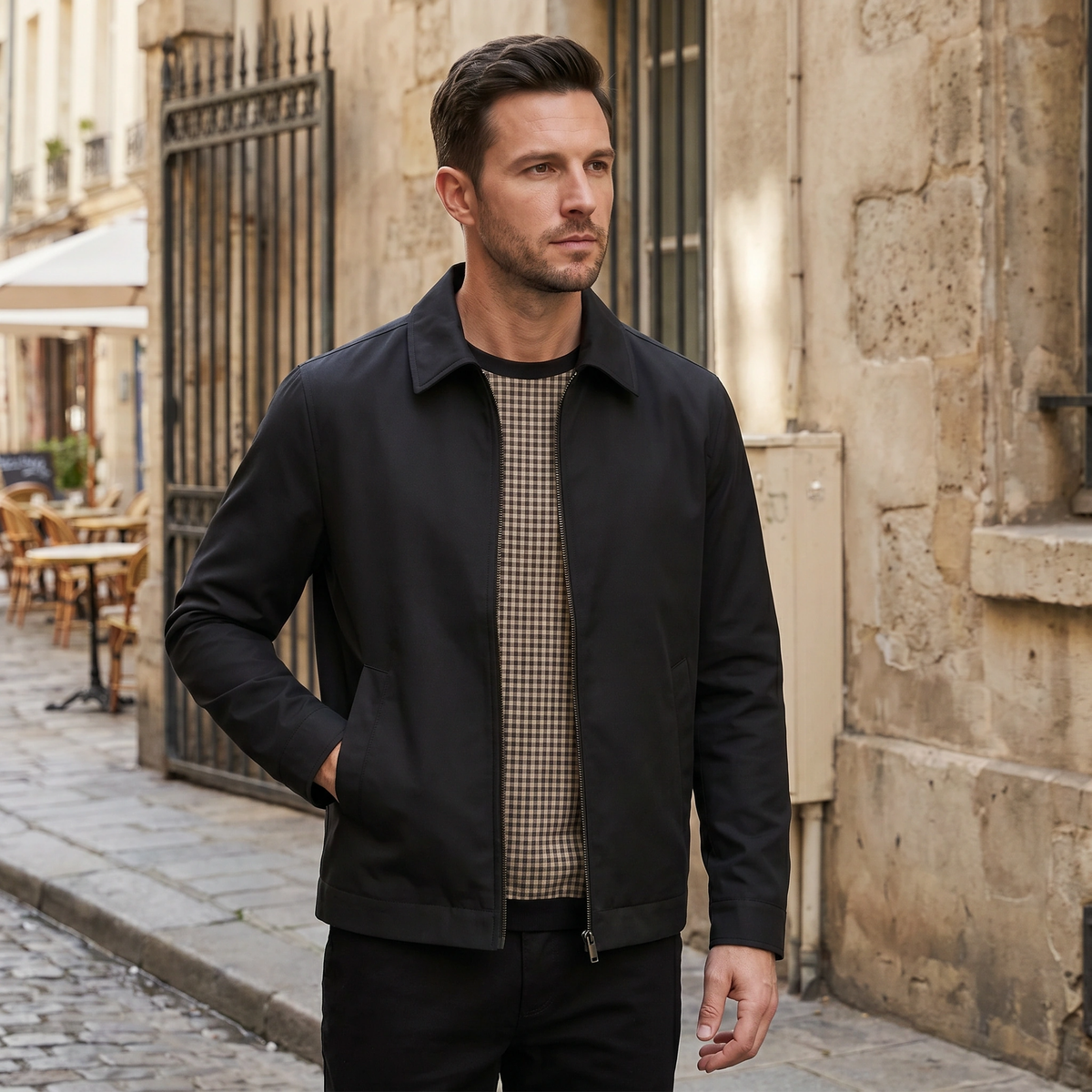 Veste homme doublée à fermeture éclair sur le devant, avec col montant et poches passepoilées