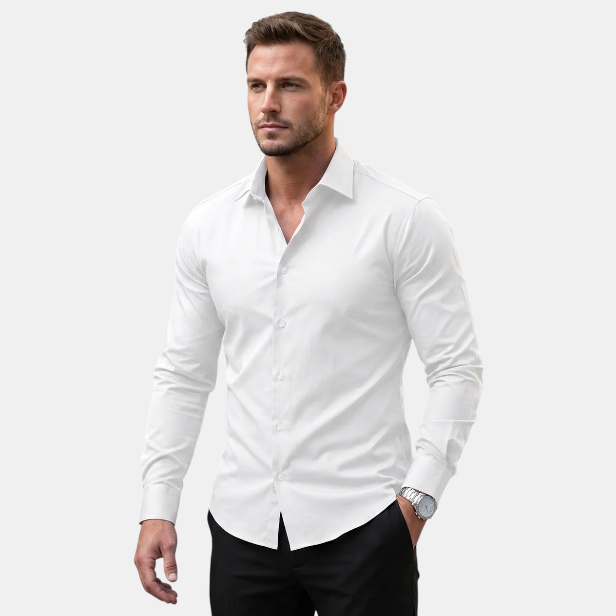 Chemise slim fit pour homme à manches longues et col pointu