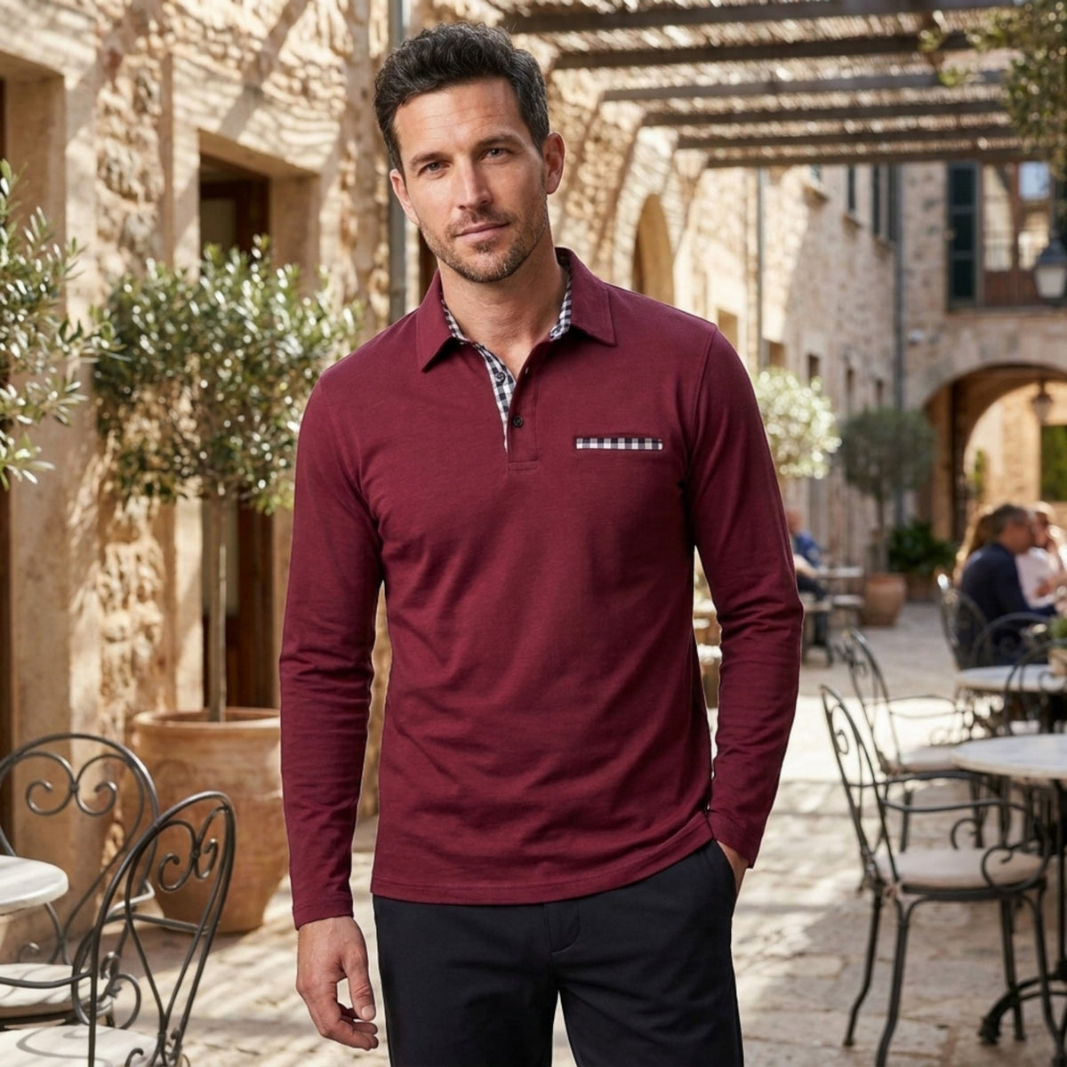 Polo à manches longues pour homme avec poche poitrine et patte de boutonnage