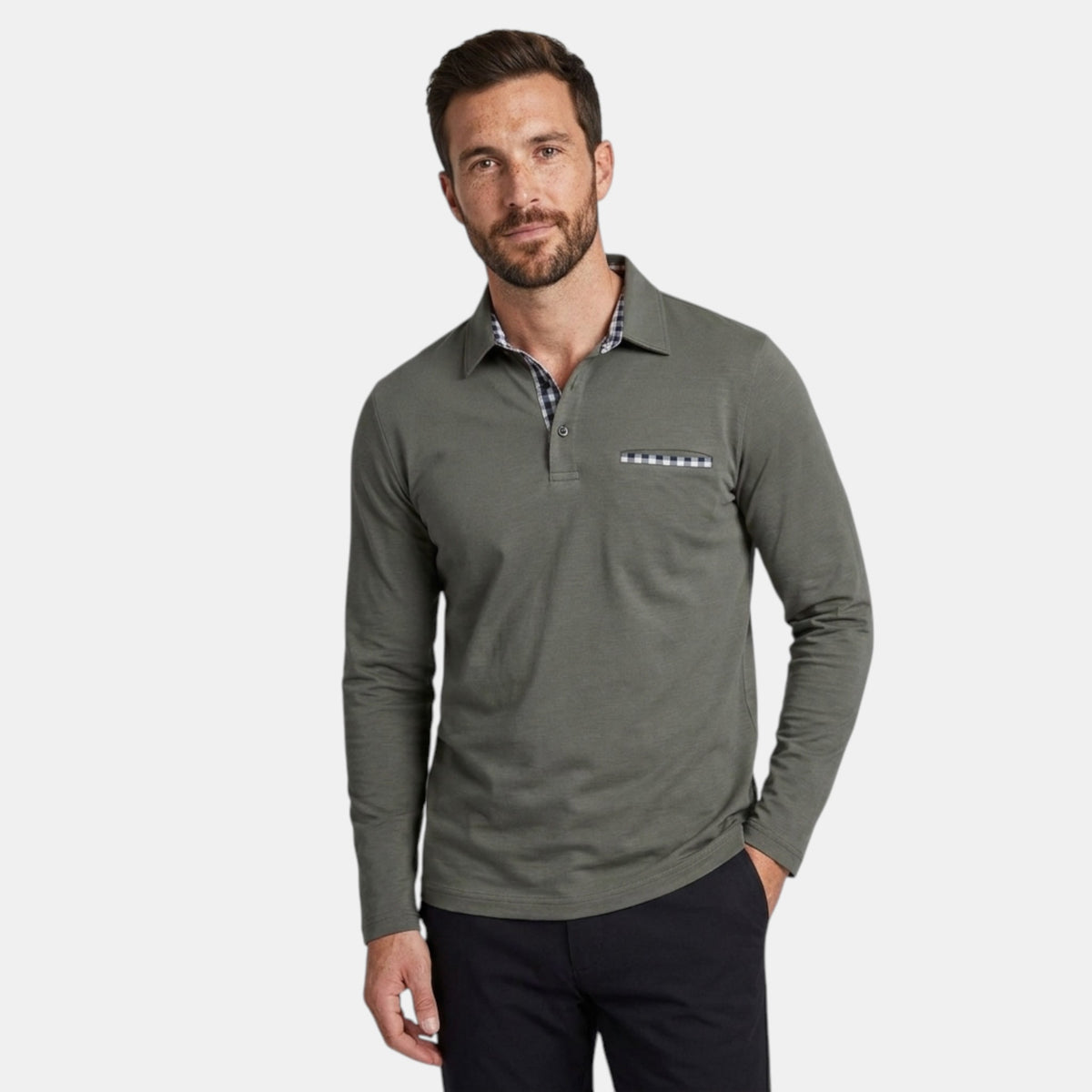 Polo à manches longues pour homme avec poche poitrine et patte de boutonnage