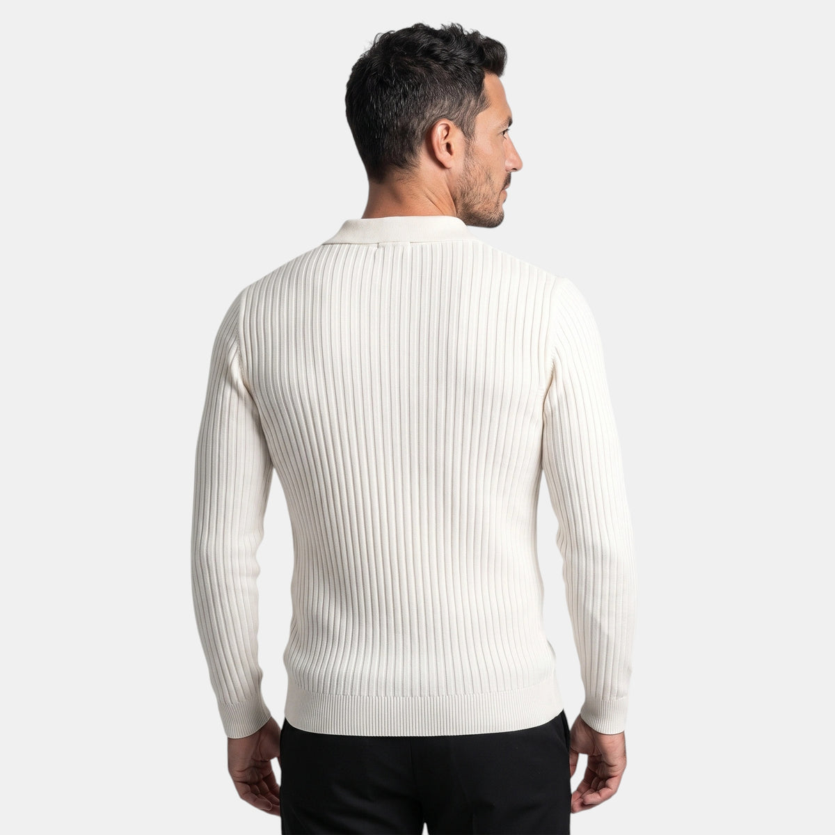 Polo homme à manches longues avec col en V et design côtelé