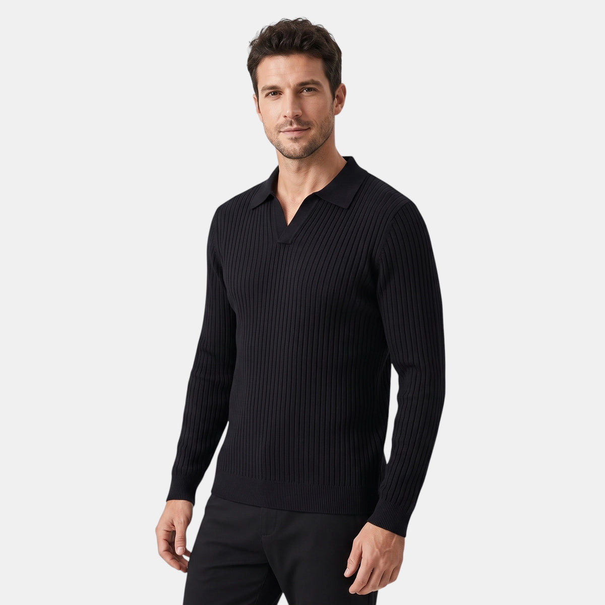 Polo homme à manches longues avec col en V et design côtelé