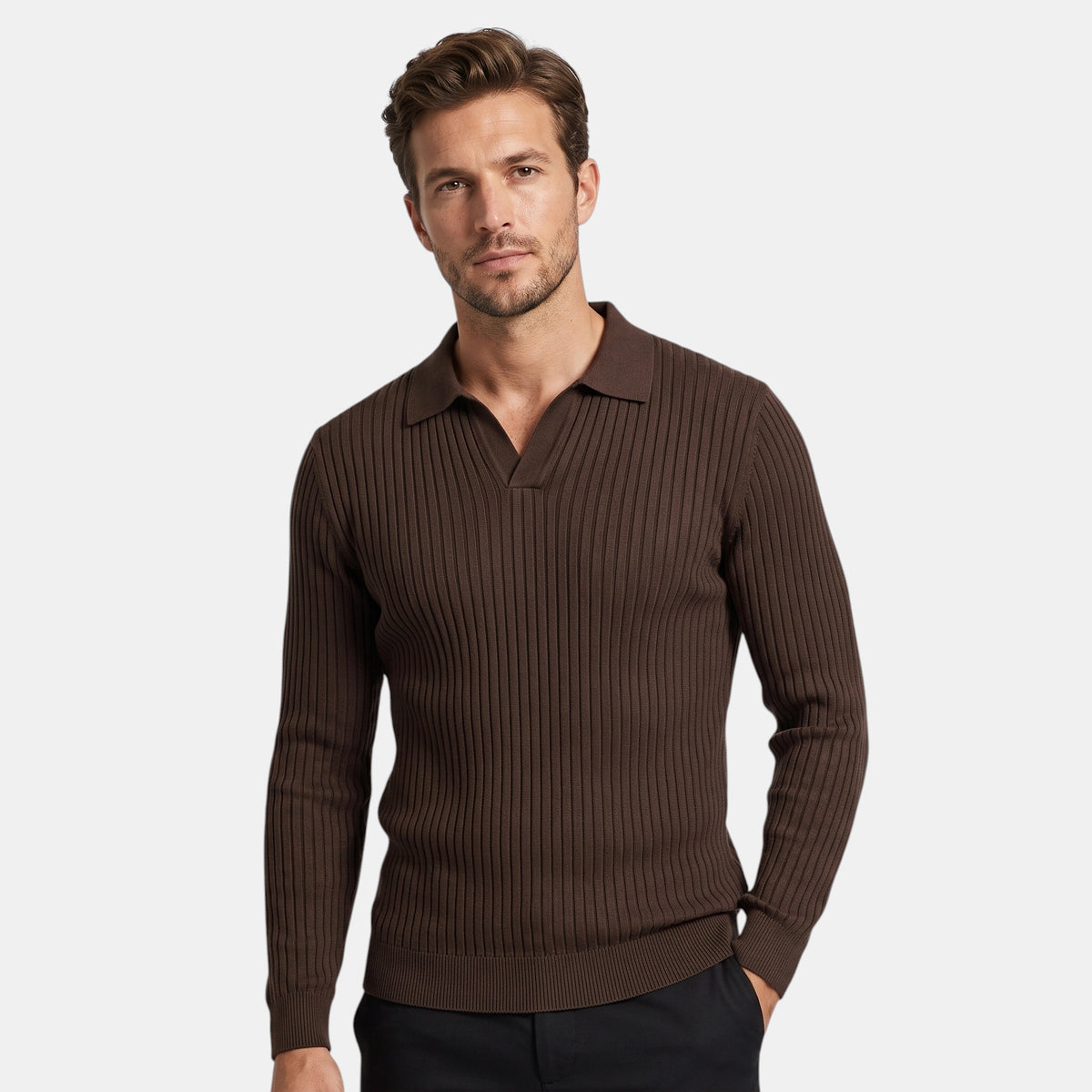 Polo homme à manches longues avec col en V et design côtelé