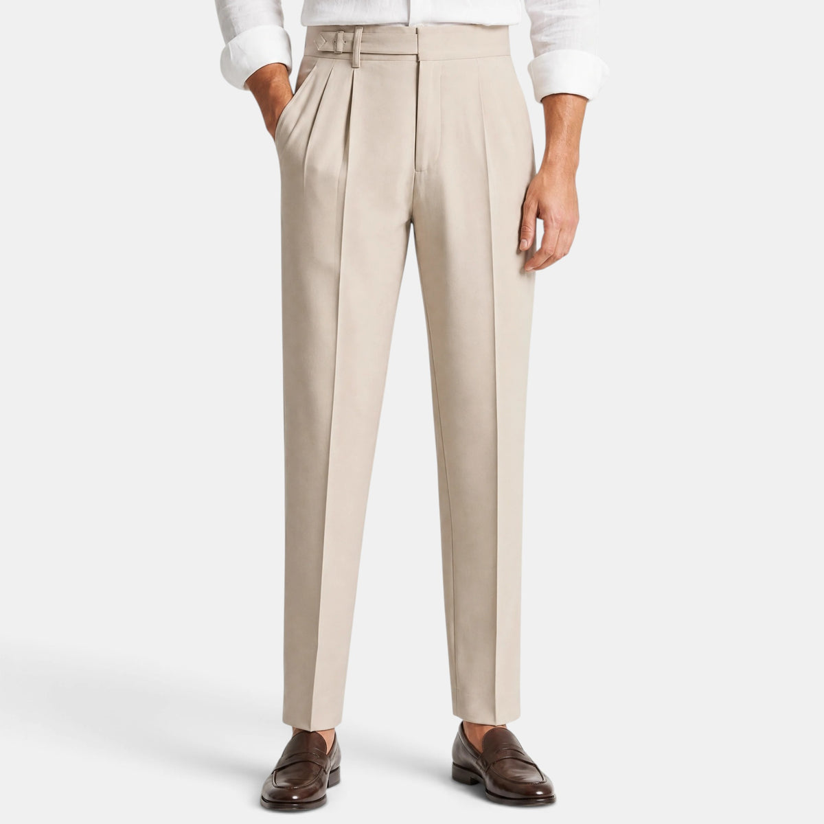 Pantalon plissé pour homme, à jambes fuselées et passants de ceinture