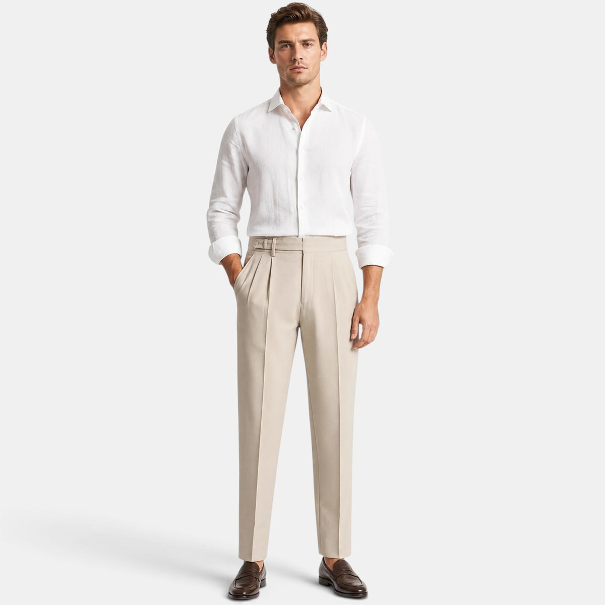 Pantalon plissé pour homme, à jambes fuselées et passants de ceinture