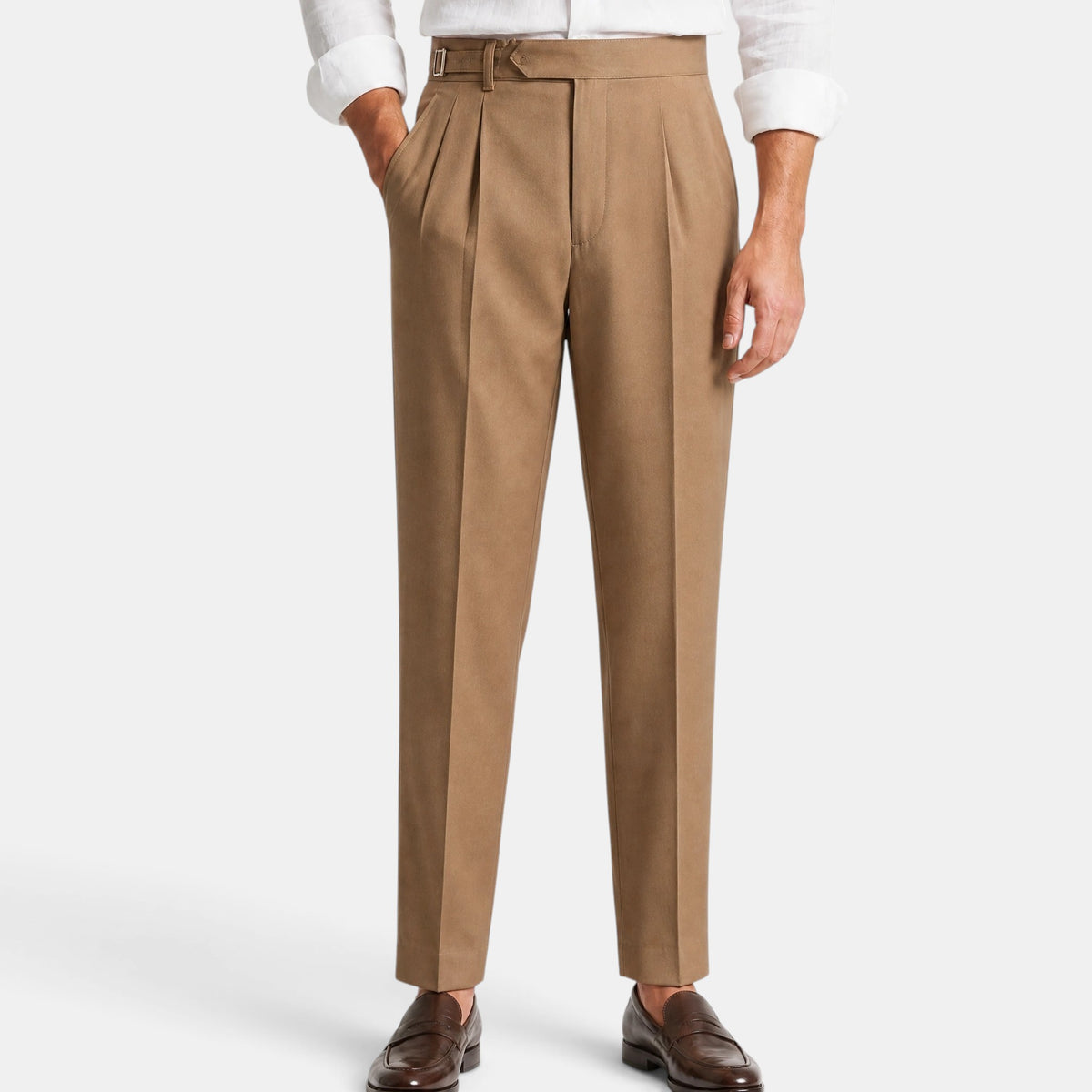 Pantalon plissé pour homme, à jambes fuselées et passants de ceinture
