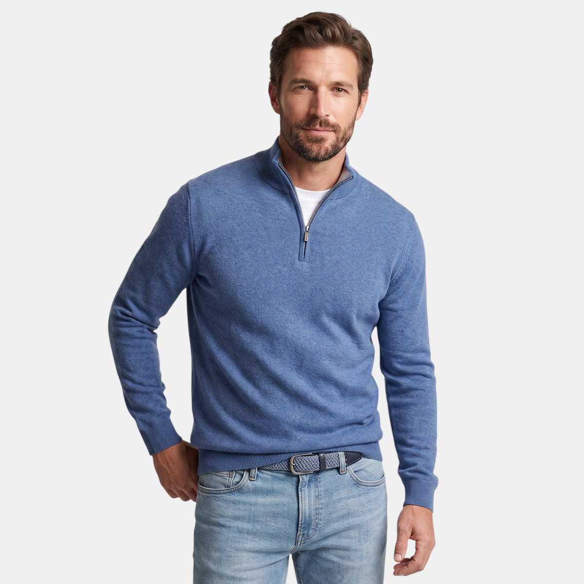 Pull pour homme à col montant, fermeture zippée quart de longueur et manches longues