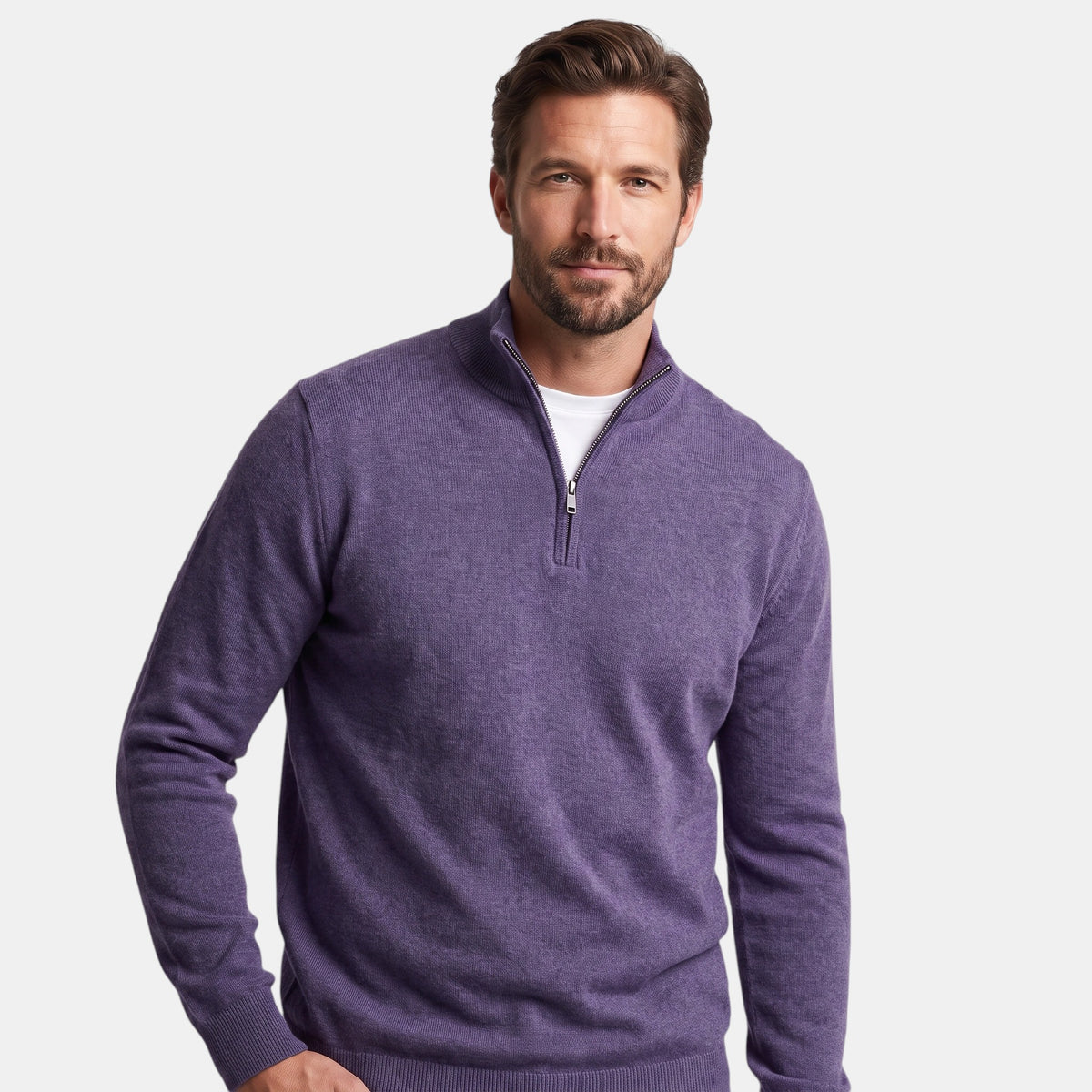 Pull pour homme à col montant, fermeture zippée quart de longueur et manches longues