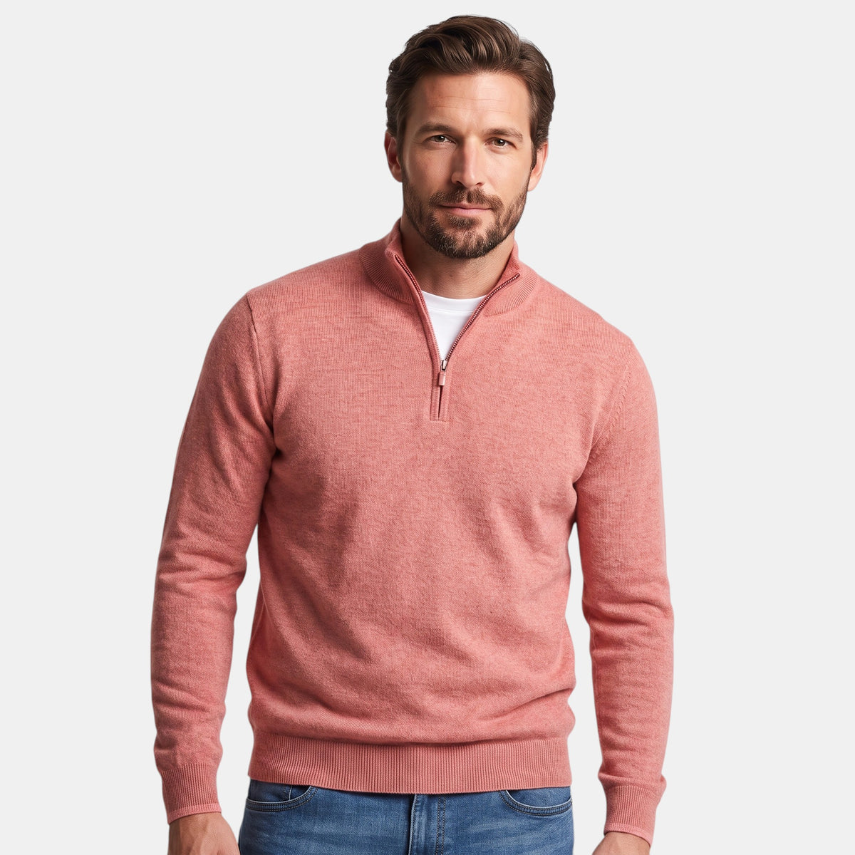 Pull pour homme à col montant, fermeture zippée quart de longueur et manches longues