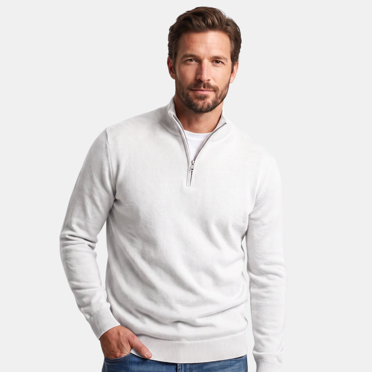 Pull pour homme à col montant, fermeture zippée quart de longueur et manches longues