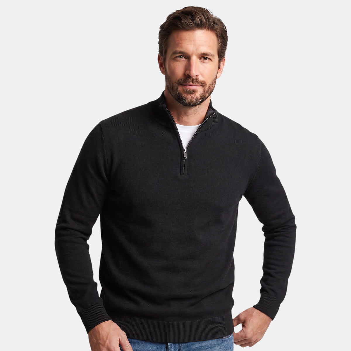 Pull pour homme à col montant, fermeture zippée quart de longueur et manches longues