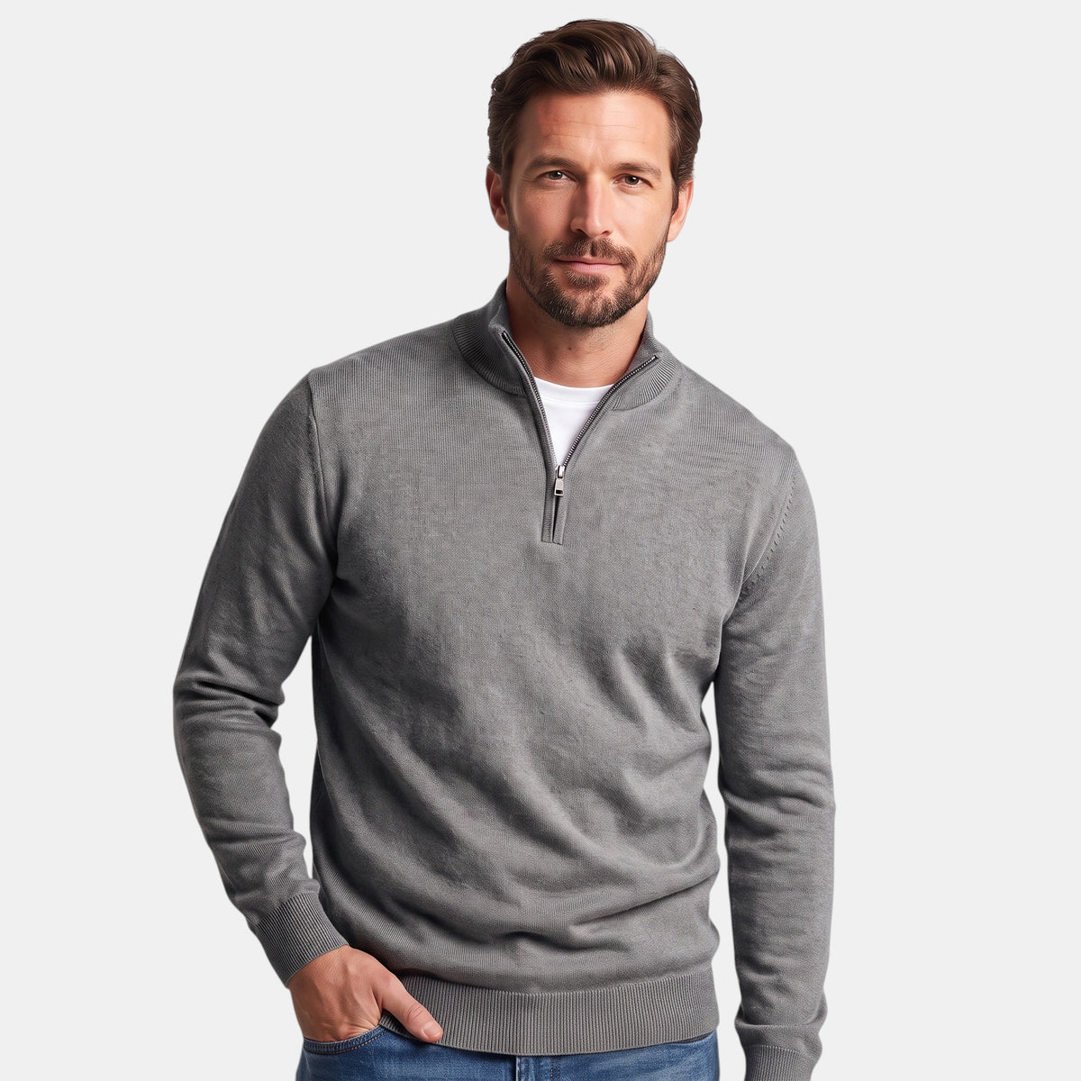 Pull pour homme à col montant, fermeture zippée quart de longueur et manches longues