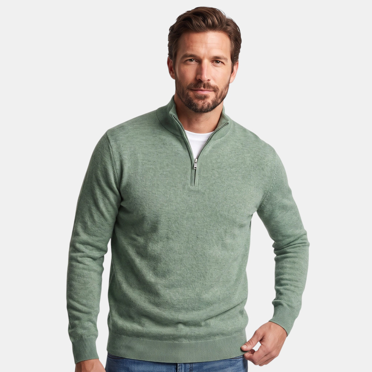Pull pour homme à col montant, fermeture zippée quart de longueur et manches longues
