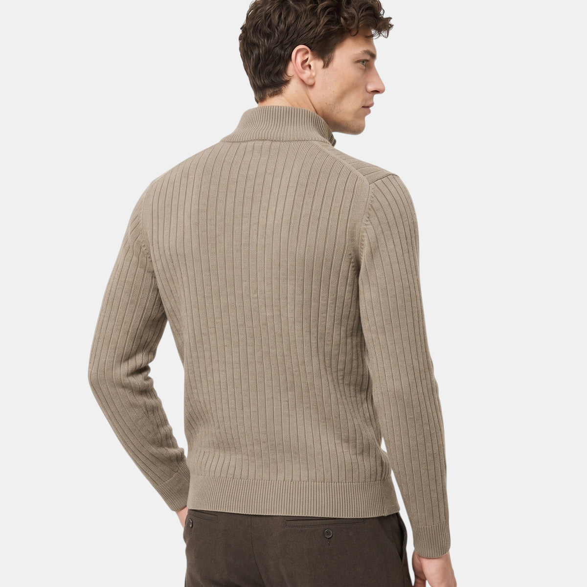 Pull pour homme à col montant, fermeture éclair quart de tour et texture côtelée