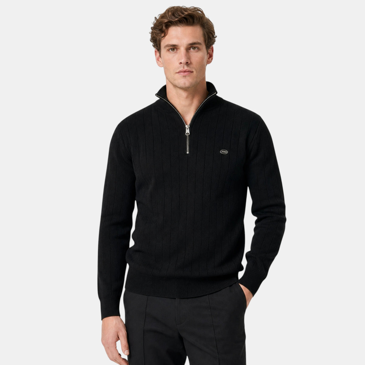 Pull pour homme à col montant, fermeture éclair quart de tour et texture côtelée