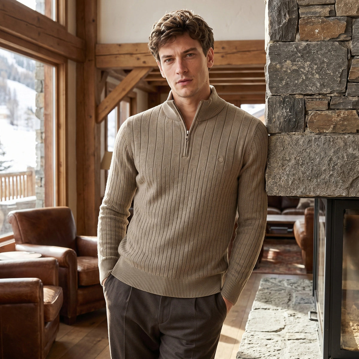 Pull pour homme à col montant, fermeture éclair quart de tour et texture côtelée