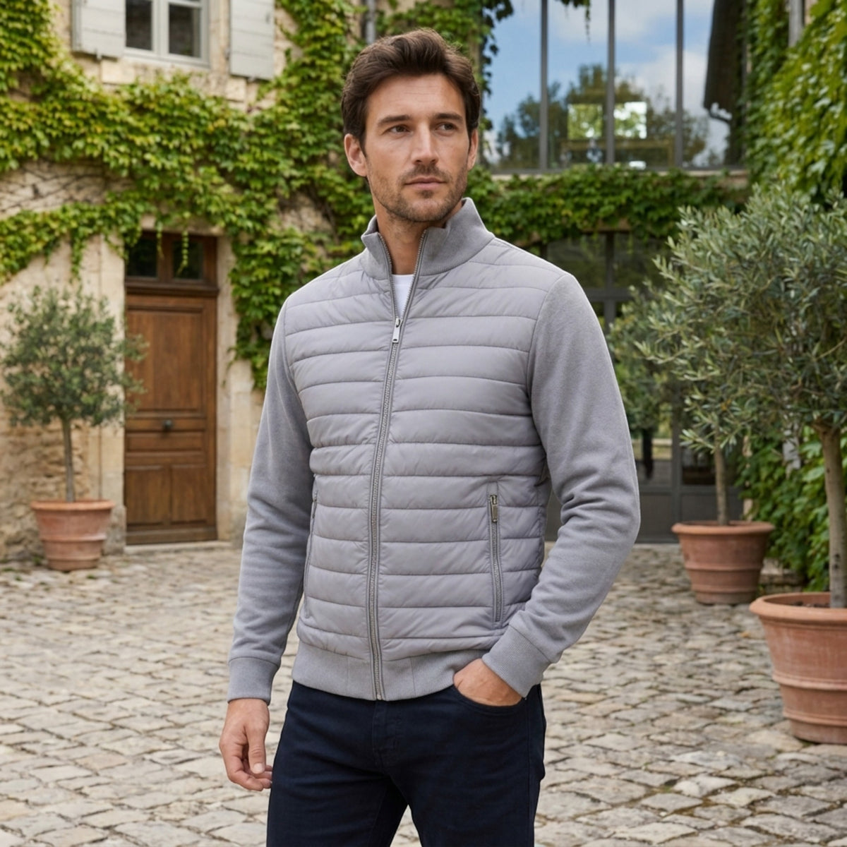 Blouson bomber matelassé pour homme avec fermeture éclair sur le devant et col montant