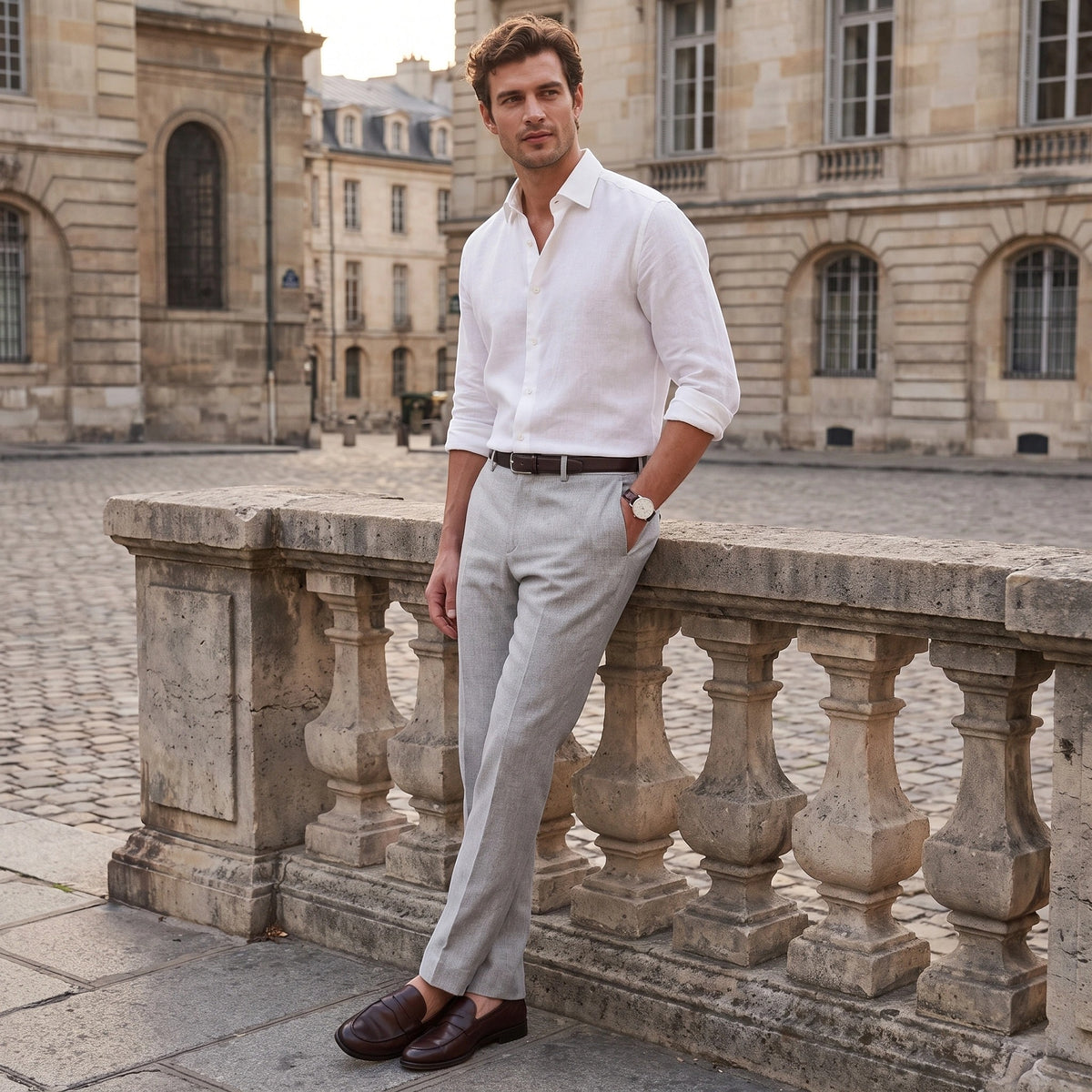 Pantalon homme coupe classique avec passants de ceinture et poches latérales