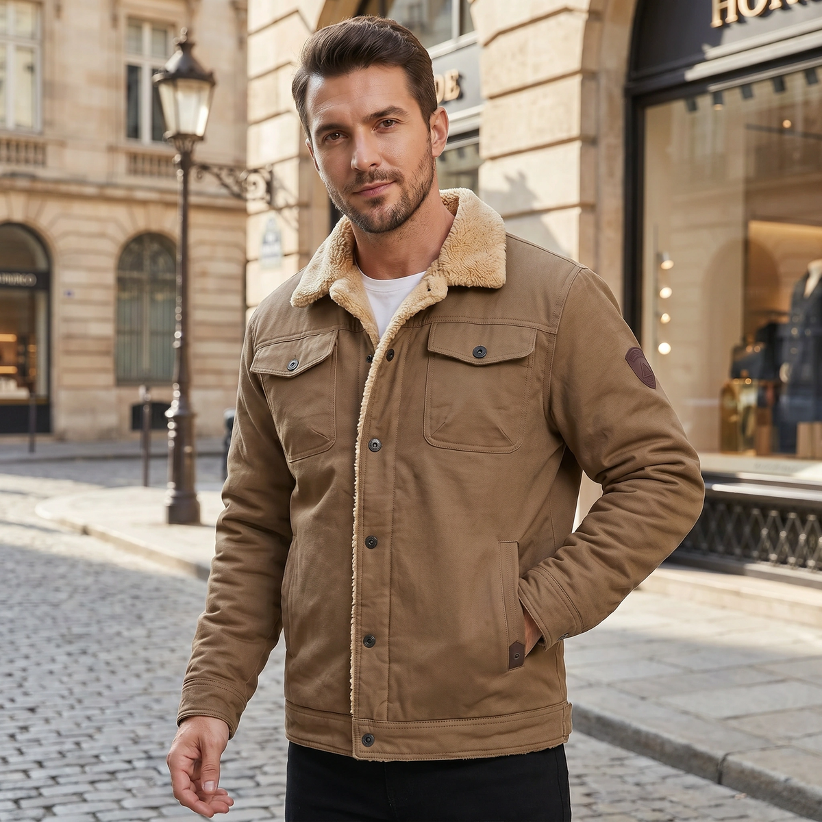 Veste utilitaire doublée sherpa pour homme avec boutonnage devant
