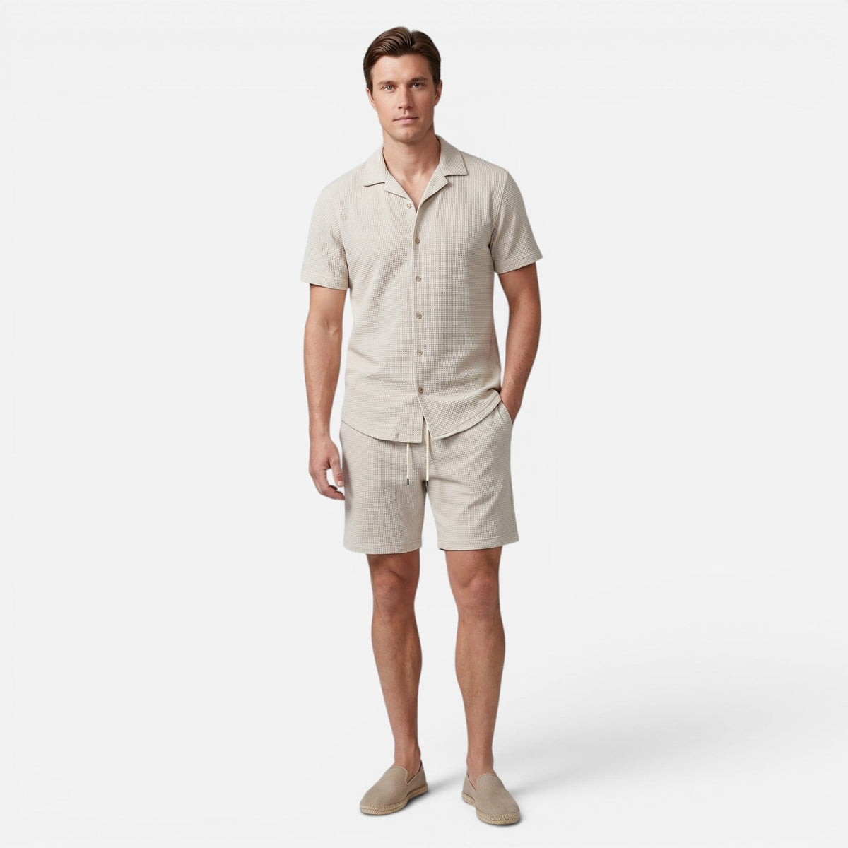 Men's Shirt and Shorts Set with Short Sleeve Shirt and Drawstring Shorts