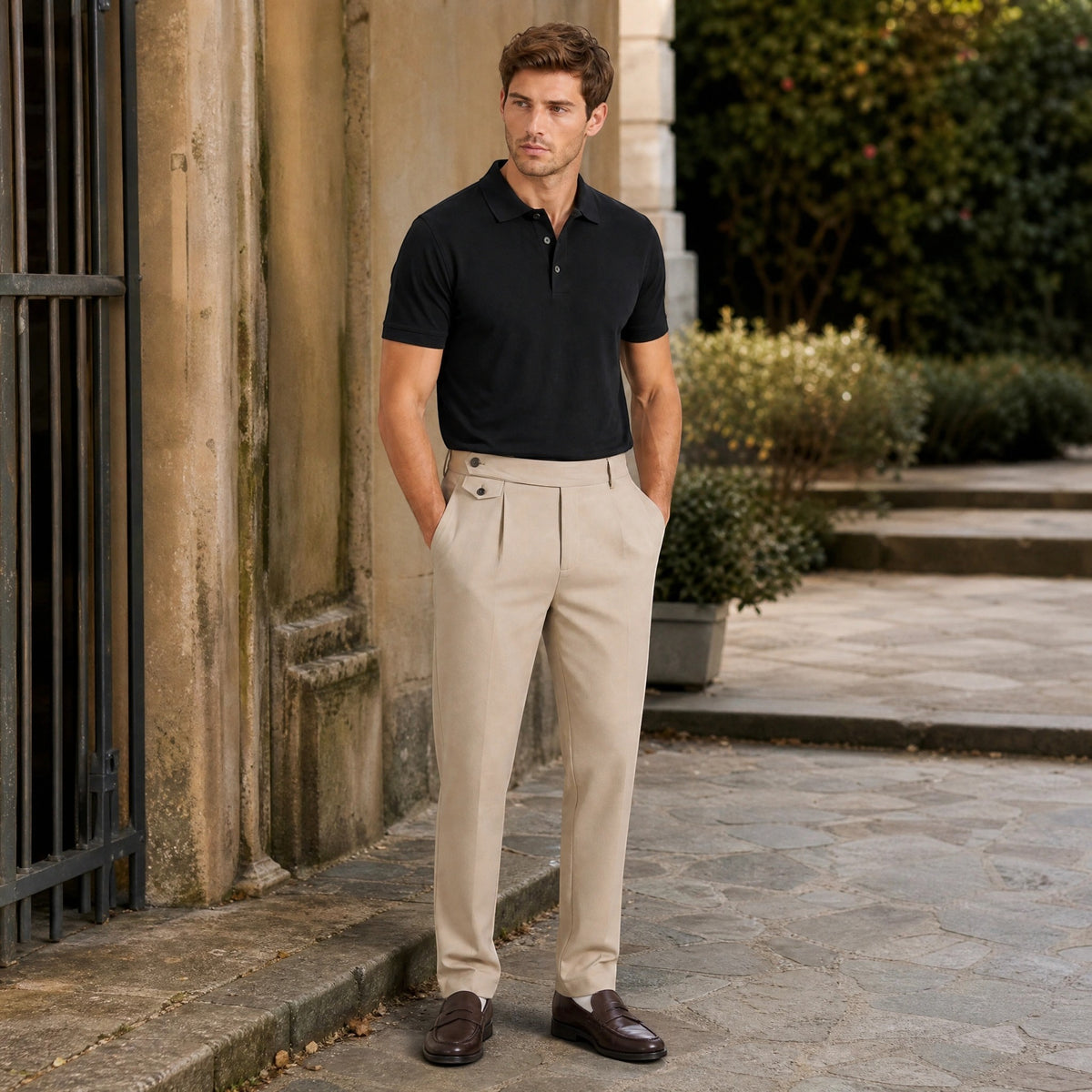 Men's Tailored Trousers with Pleated Front and Button Waist Tab