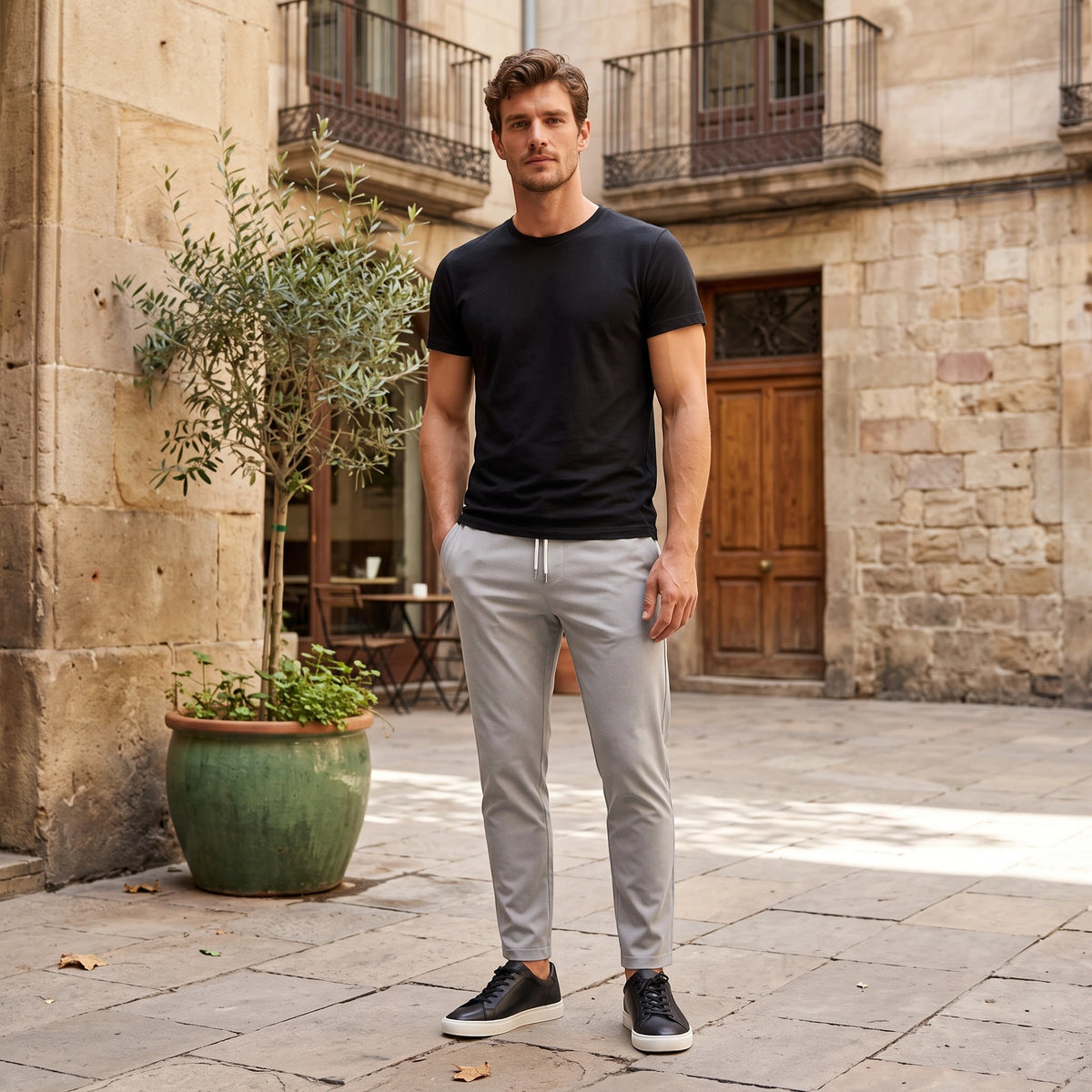 Men's Tapered Drawstring Trousers with Elasticated Waist and Side Pockets