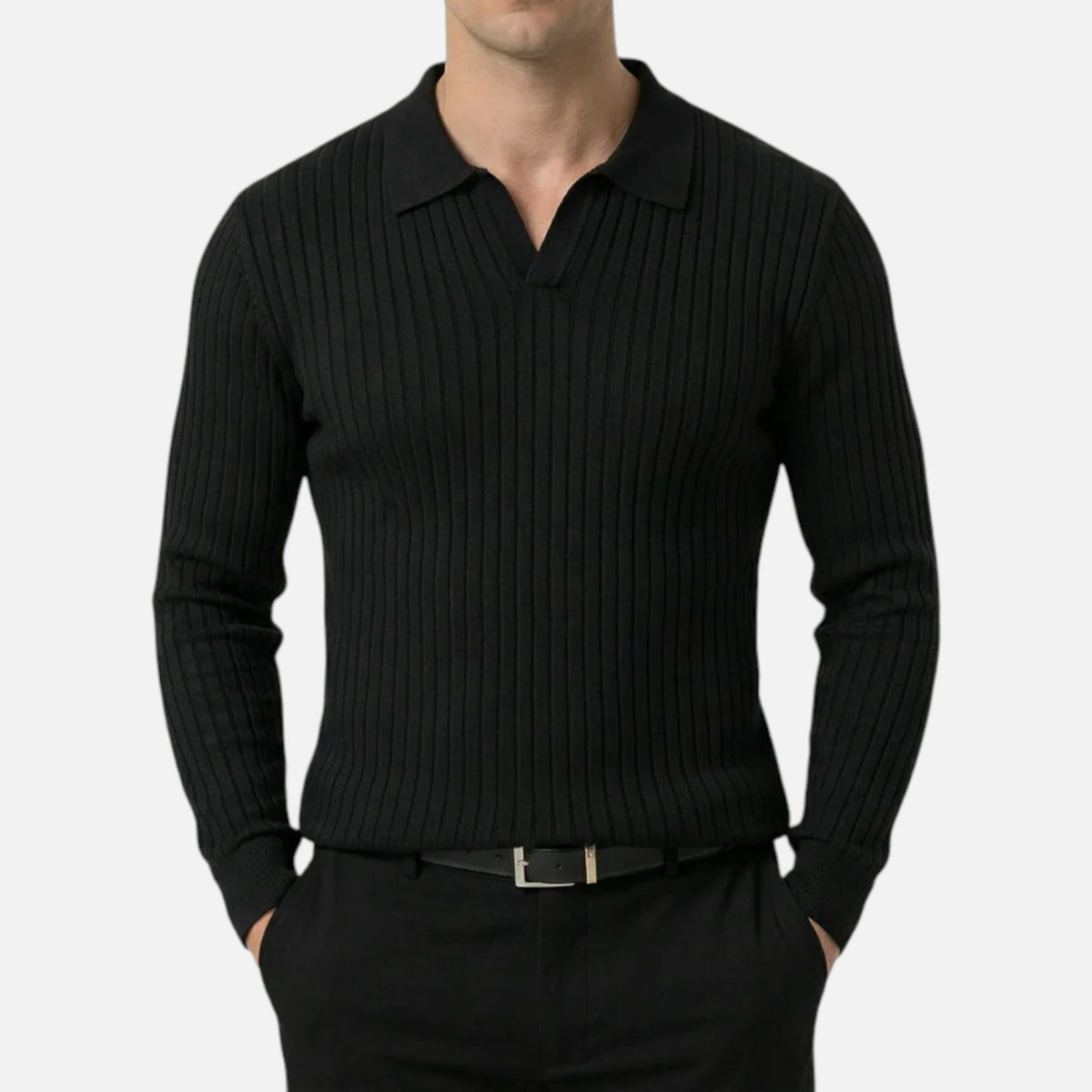 Pull polo homme en maille côtelée à manches longues