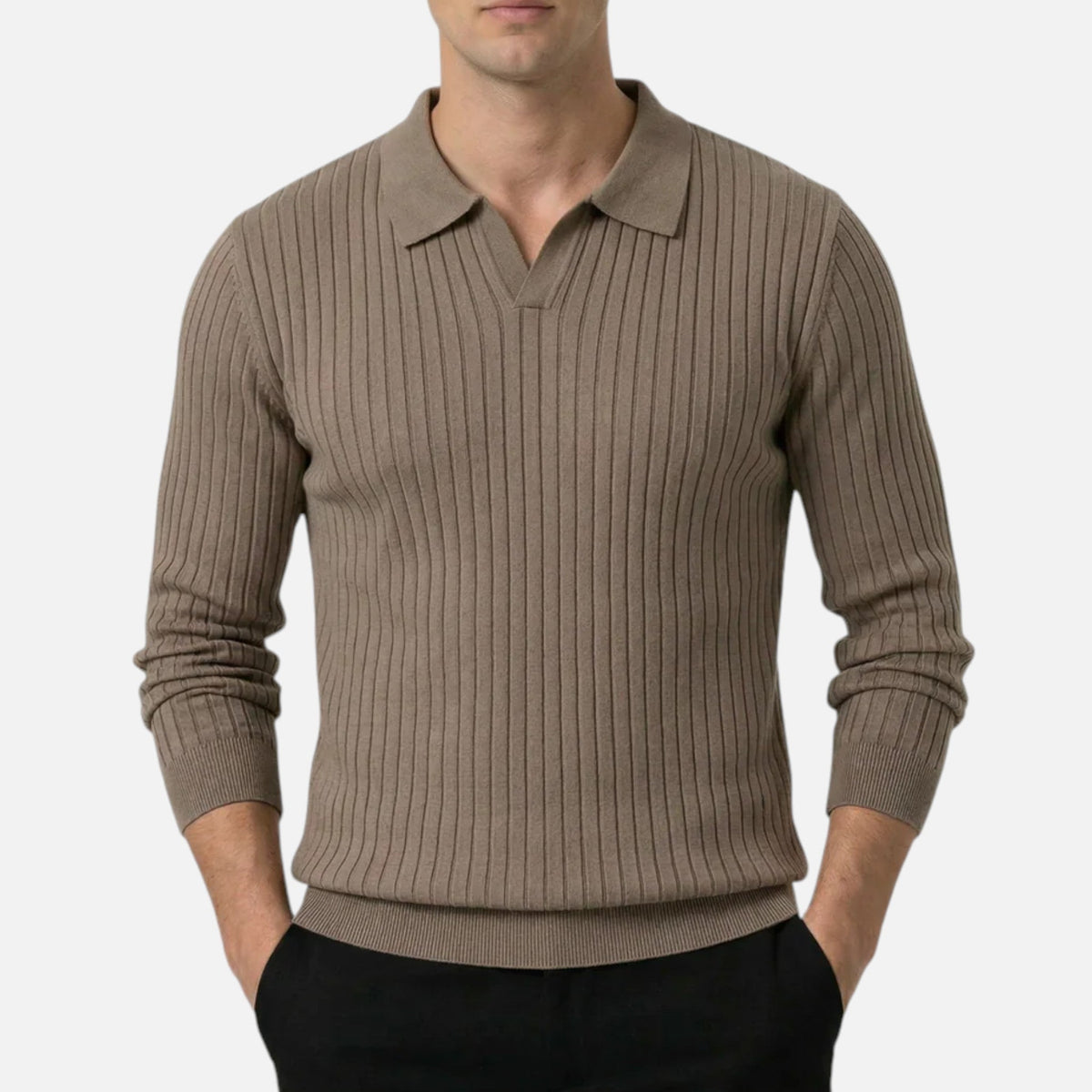 Pull polo homme en maille côtelée à manches longues
