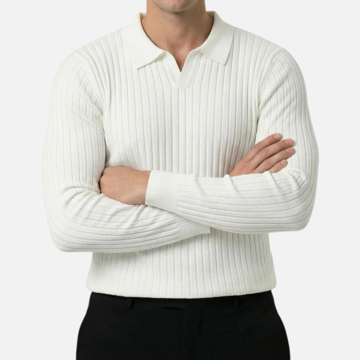Pull polo homme en maille côtelée à manches longues