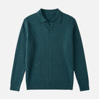 Men's Ribbed Knit Polo Sweater with Long Sleeves