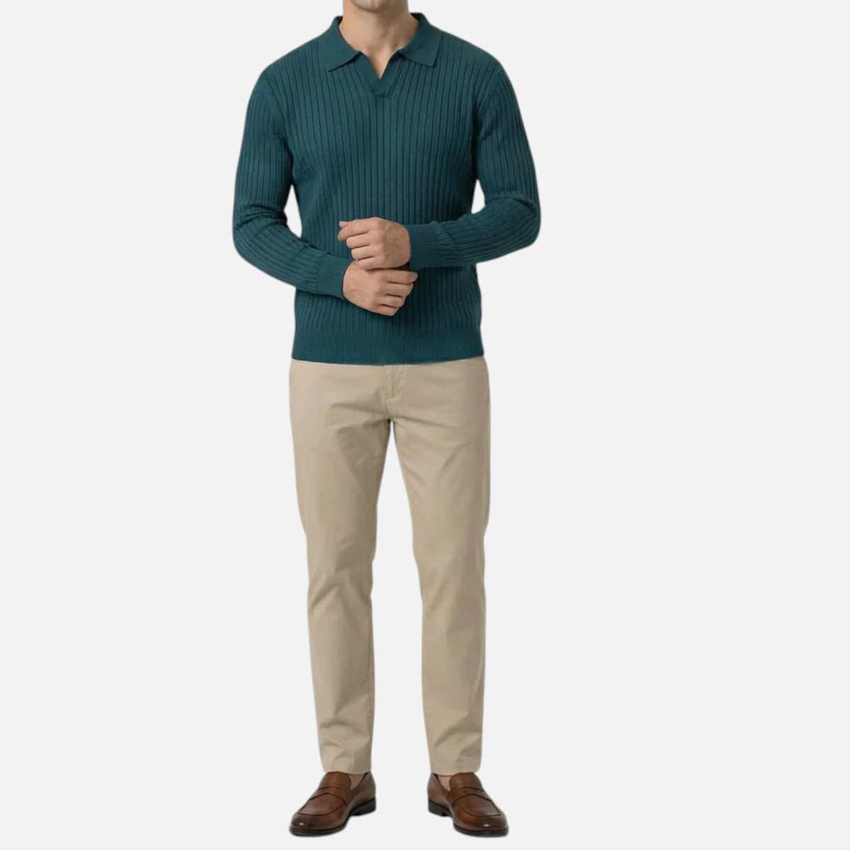 Pull polo homme en maille côtelée à manches longues