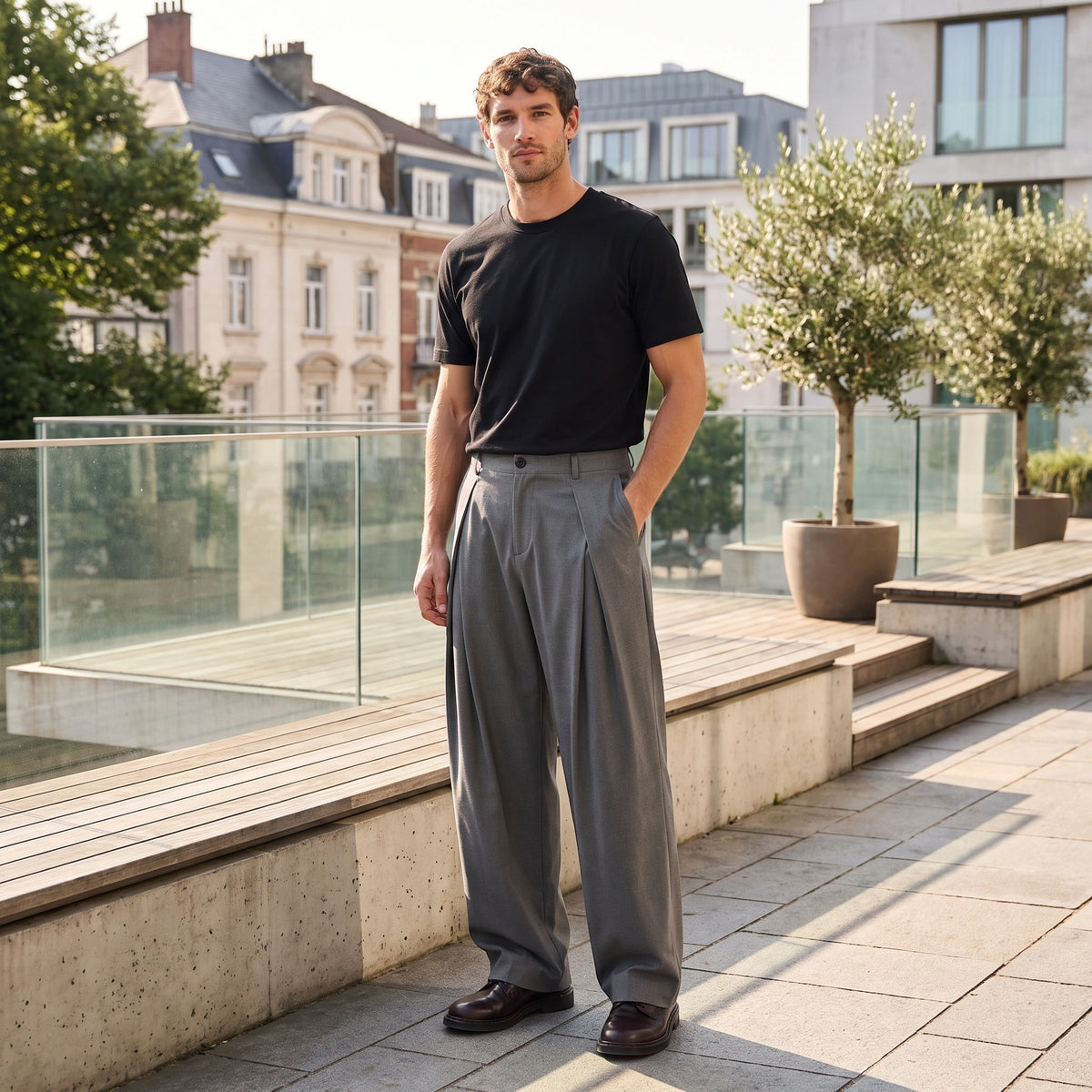 Men's Wide Leg Trousers with Pleated Front and Tailored Fit