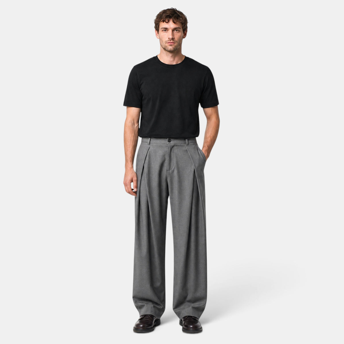 Men's Wide Leg Trousers with Pleated Front and Tailored Fit